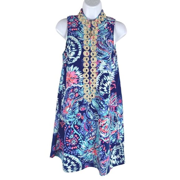 Robe Joy Neuve Lilly Pulitzer - Couleur Indigo Profond, Rose & Bleu Avec Pompons - Taille XXS - Neuf Avec étiquettes